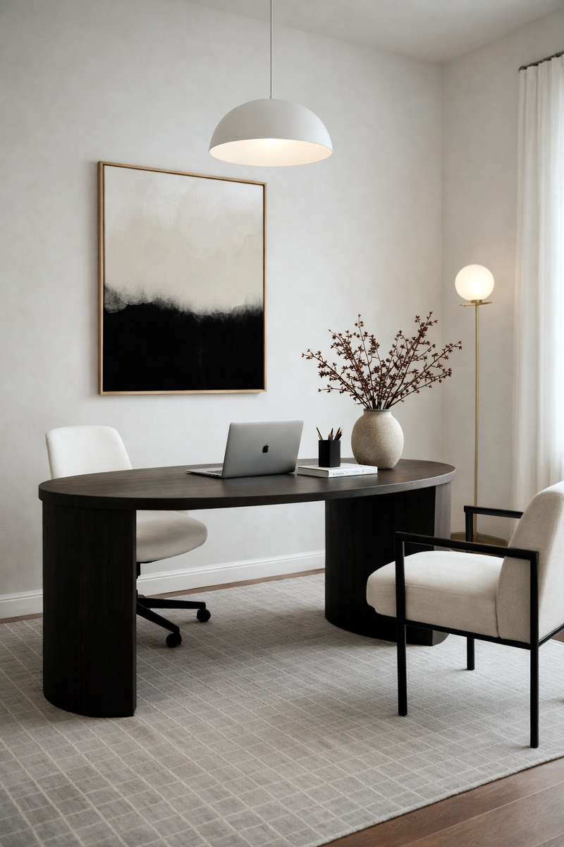 Modern home office with a black oval desk, white chairs, and decorative elements and Akua home canvas art