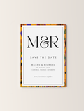 Save the date wedding card with bold kente patterns in a modern layout
