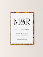Save the date wedding card with bold kente patterns in a modern layout