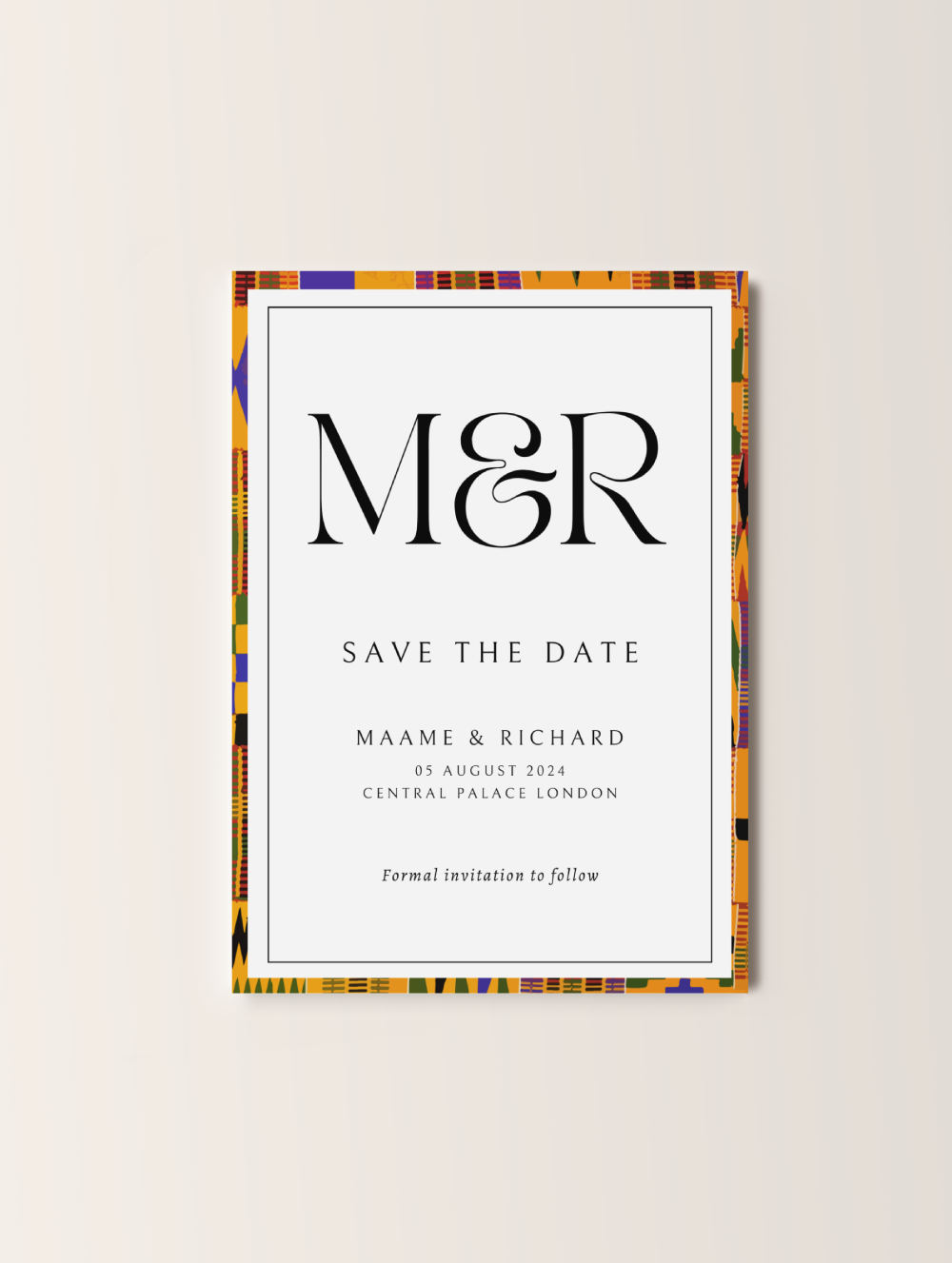 Save the date wedding card with bold kente patterns in a modern layout