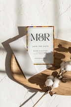 Save the date wedding card showcasing kente-inspired elements in a refined design