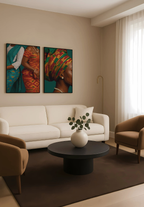 Modern brown living room with colourful african wall art on the wall