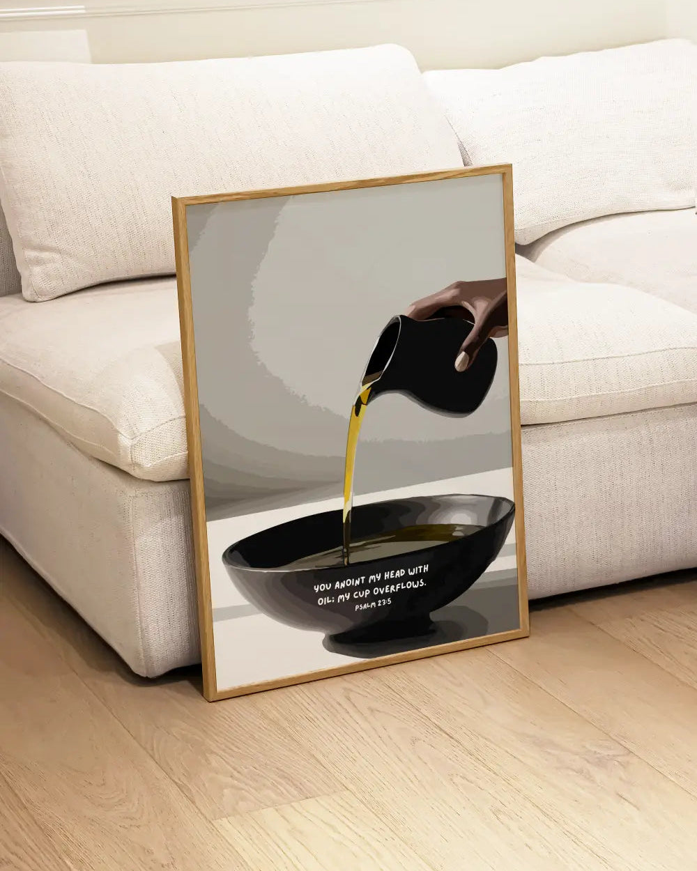 Interior scene showing framed wall art styled in a modern living area