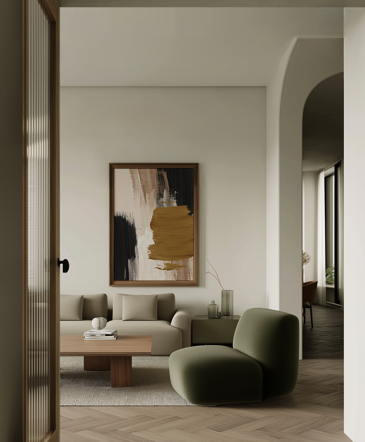 Modern living room with abstract art, sofa, and coffee table.