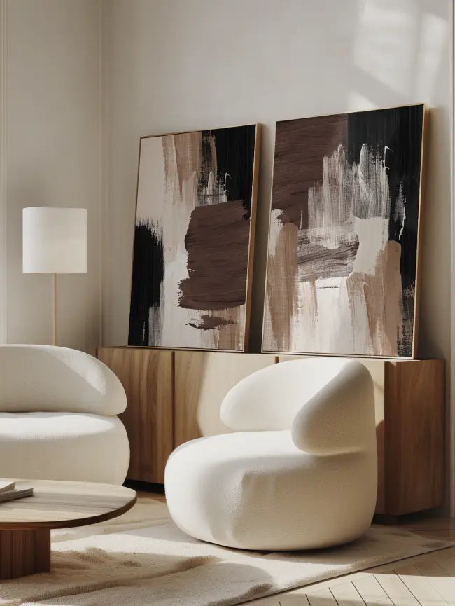 Set of neutral brown abstract wall art in a contemporary setting