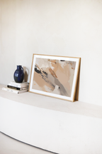 Modern abstract artwork with layered shapes and neutral tones