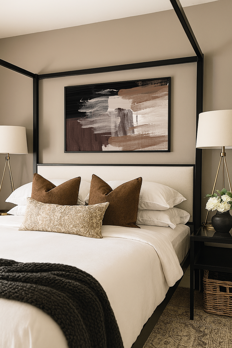 Bedroom interior styled with abstract wall art above the bed in neutral colours