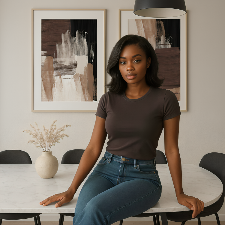 Woman sitting at a table in a room with abstract art on the wall