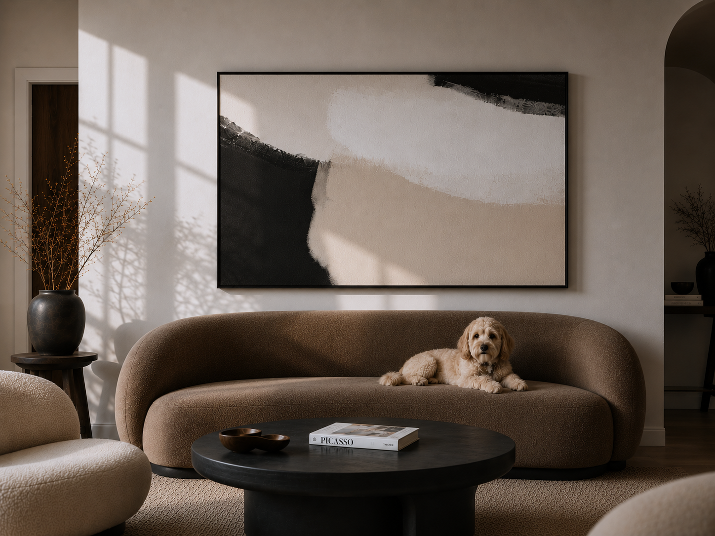 Dog lying on a brown sofa in a modern living room with abstract art and decor.