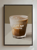 Canvas artwork with the phrase Jesus and Coffee presented in modern minimalist typography
