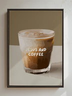 Canvas artwork with the phrase Jesus and Coffee presented in modern minimalist typography