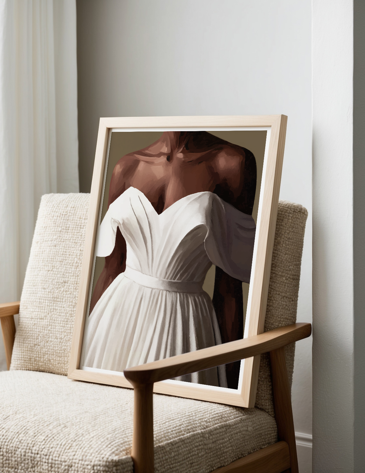 Minimalist wall art depicting a woman in an abstract illustrative style with soft tones