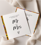 Lifestyle scene showing Mr and Mrs wedding cards displayed in a neutral setting