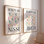 Jehovah Jireh and Jehovah Nissi wall art set in oak frame