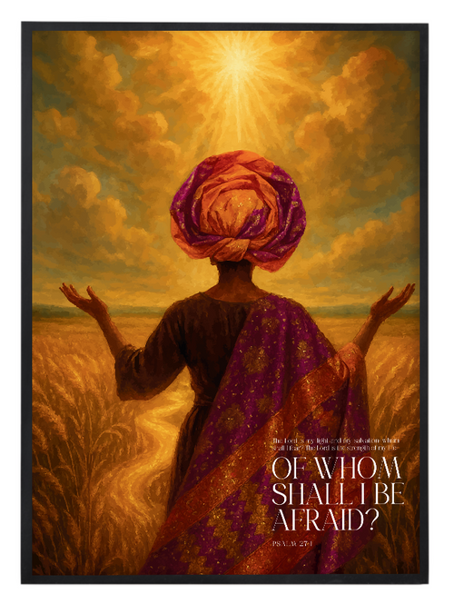 Christian artwork showing a warm glowing light illuminating a woman, inspired by the Christian theme “The Lord is my light”